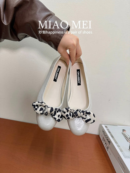 Korean style flat evening breeze gentle knot shallow mouth single shoes women's 2026 spring ballet grandma shoes