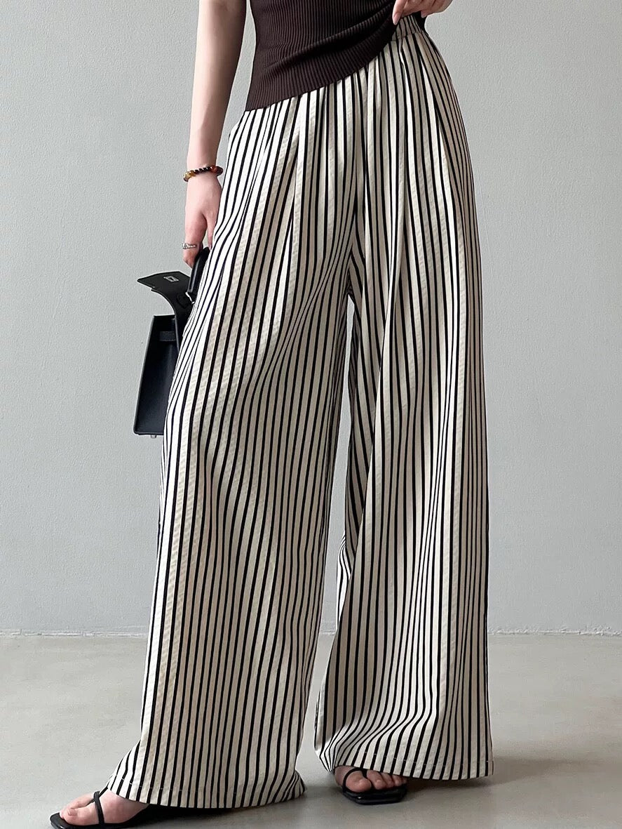 Vertical Striped High Waisted Wide Leg Pants Women's Summer Retro Loose Casual Pants Lazy Style Thin Straight Floor-Mopping Long Pants