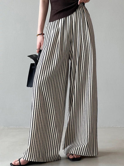 Vertical Striped High Waisted Wide Leg Pants Women's Summer Retro Loose Casual Pants Lazy Style Thin Straight Floor-Mopping Long Pants