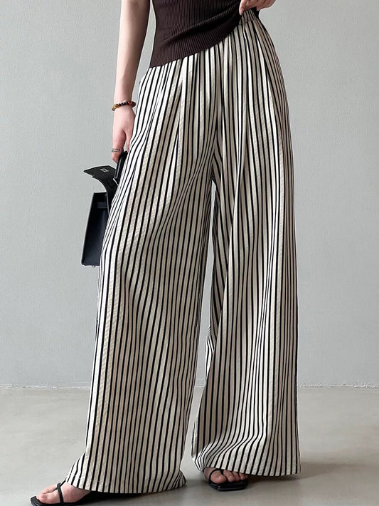 Vertical Striped High Waisted Wide Leg Pants Women's Summer Retro Loose Casual Pants Lazy Style Thin Straight Floor-Mopping Long Pants