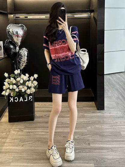 Printed short-sleeved sports suit for women in summer 2025 casual fashion shorts two-piece suit loose trendy age-reducing running and slimming