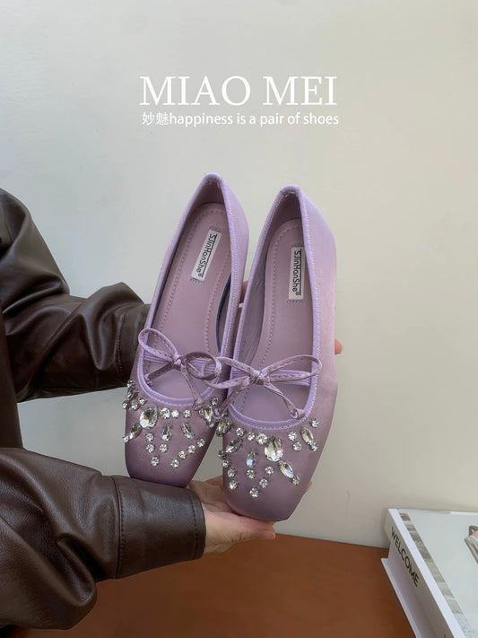French-style platform purple Mary Jane shoes, new spring/autumn 2026 style, rhinestone design.