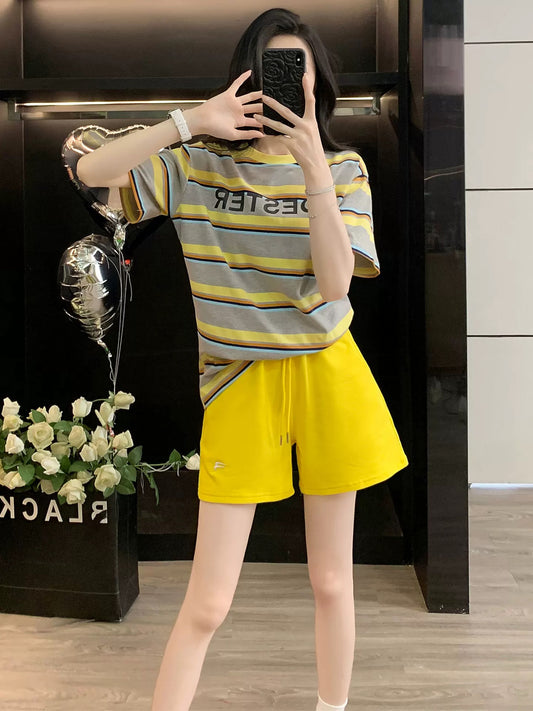 Western-style fashion striped short-sleeved suit for women summer 2025 casual sports shorts two-piece suit loose trendy age-reducing slimming