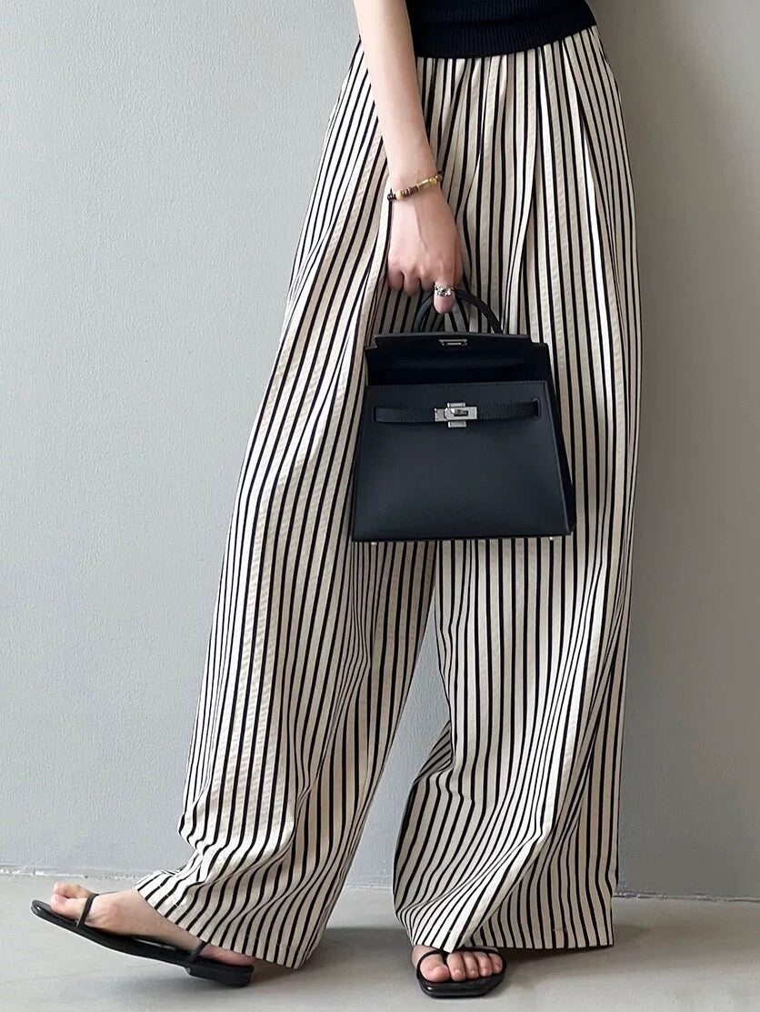 Vertical Striped High Waisted Wide Leg Pants Women's Summer Retro Loose Casual Pants Lazy Style Thin Straight Floor-Mopping Long Pants