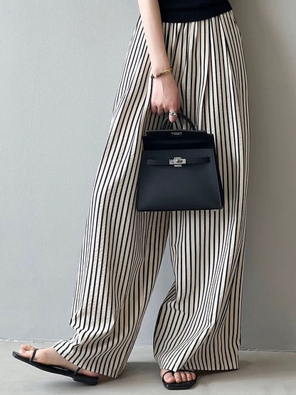 Vertical Striped High Waisted Wide Leg Pants Women's Summer Retro Loose Casual Pants Lazy Style Thin Straight Floor-Mopping Long Pants
