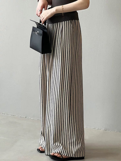 Vertical Striped High Waisted Wide Leg Pants Women's Summer Retro Loose Casual Pants Lazy Style Thin Straight Floor-Mopping Long Pants