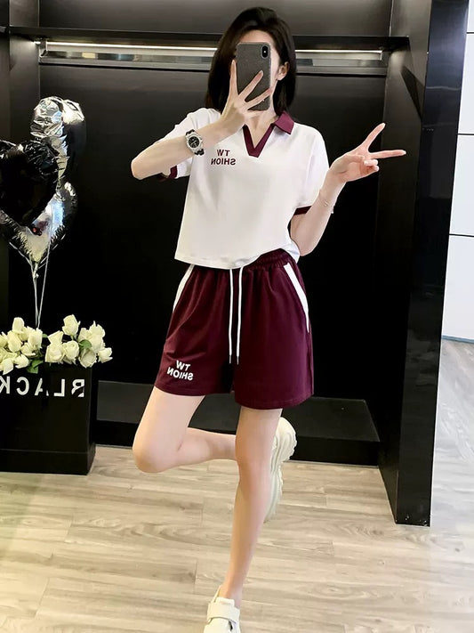Western style fashion sports suit women's summer 2025 Korean version V-neck short-sleeved shorts two-piece suit casual ins trend running