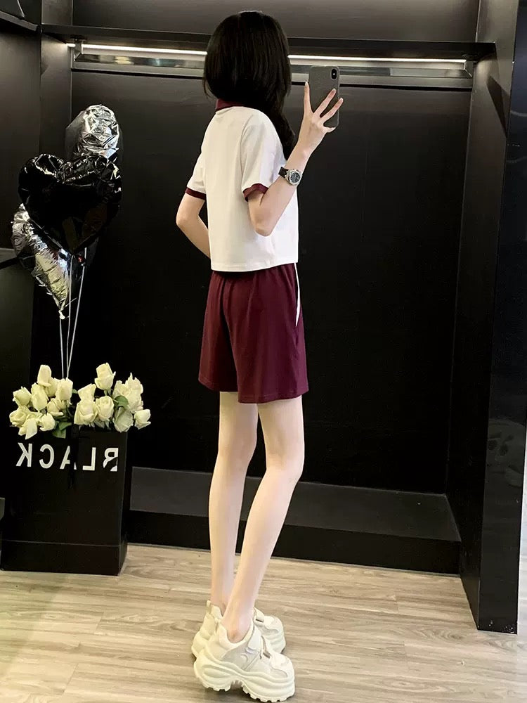 Western style fashion sports suit women's summer 2025 Korean version V-neck short-sleeved shorts two-piece suit casual ins trend running