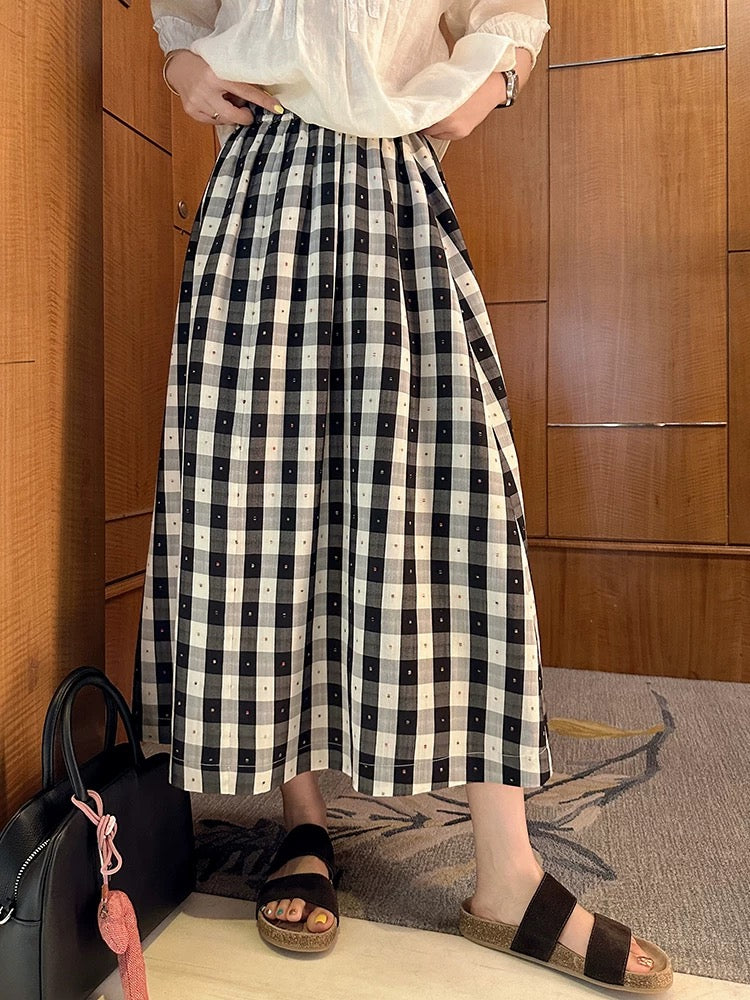 Liberin sisy linen suit for women 2024 summer new accordion pleated casual shirt black and white plaid half skirt