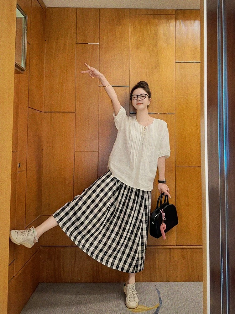 Liberin sisy linen suit for women 2024 summer new accordion pleated casual shirt black and white plaid half skirt
