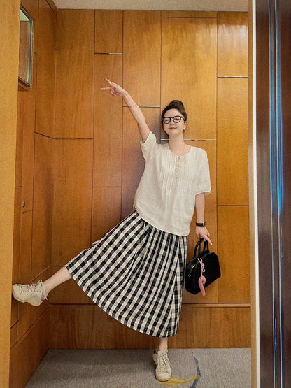 Liberin sisy linen suit for women 2024 summer new accordion pleated casual shirt black and white plaid half skirt