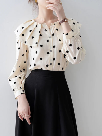 Apricot polka dot doll collar shirt 2024 early spring new women's top design niche French chiffon shirt