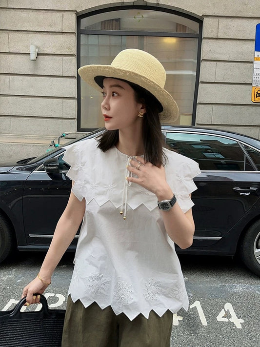 Libelin sisy embroidered shirt for women 2024 summer new style niche irregular lace cotton white top