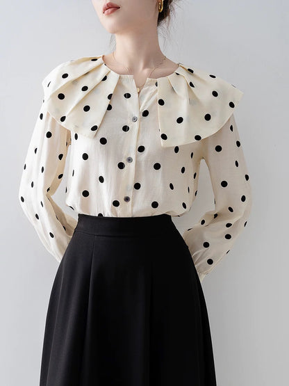 Apricot polka dot doll collar shirt 2024 early spring new women's top design niche French chiffon shirt