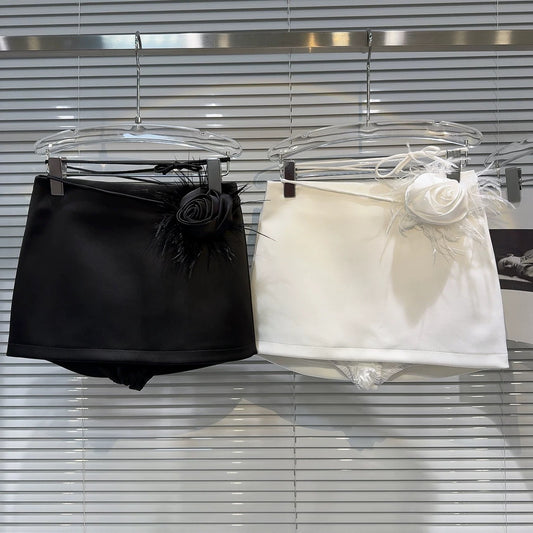 Popular online style, 2025 autumn new arrival, Chanel-inspired elegant camellia fuzzy belted mini skirt/bodycon skirt.