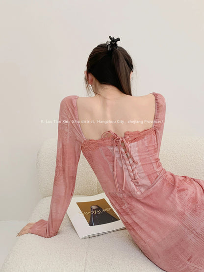 Angel in the World Lace Mesh Square Neck Long Sleeve Dress Women's Slim Fit Back Strap Hip Cover Midi Dress