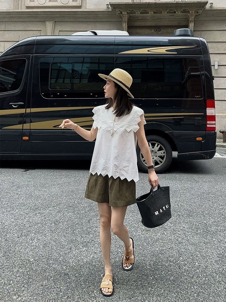 Libelin sisy embroidered shirt for women 2024 summer new style niche irregular lace cotton white top