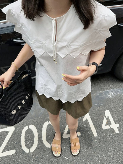 Libelin sisy embroidered shirt for women 2024 summer new style niche irregular lace cotton white top