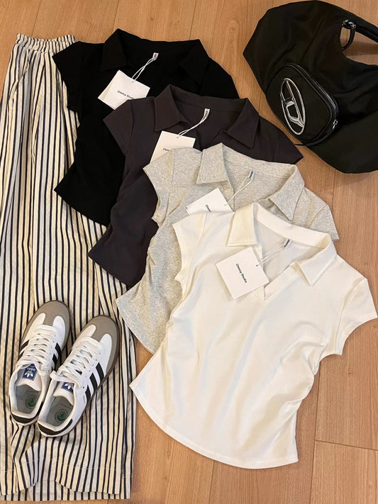 Hangzhou Sijiqing Thirteen Lines High-end Women's Wear Slim Waist Top POLO Shirt Lapel Short Sleeve Shoulder T-Shirt Summer