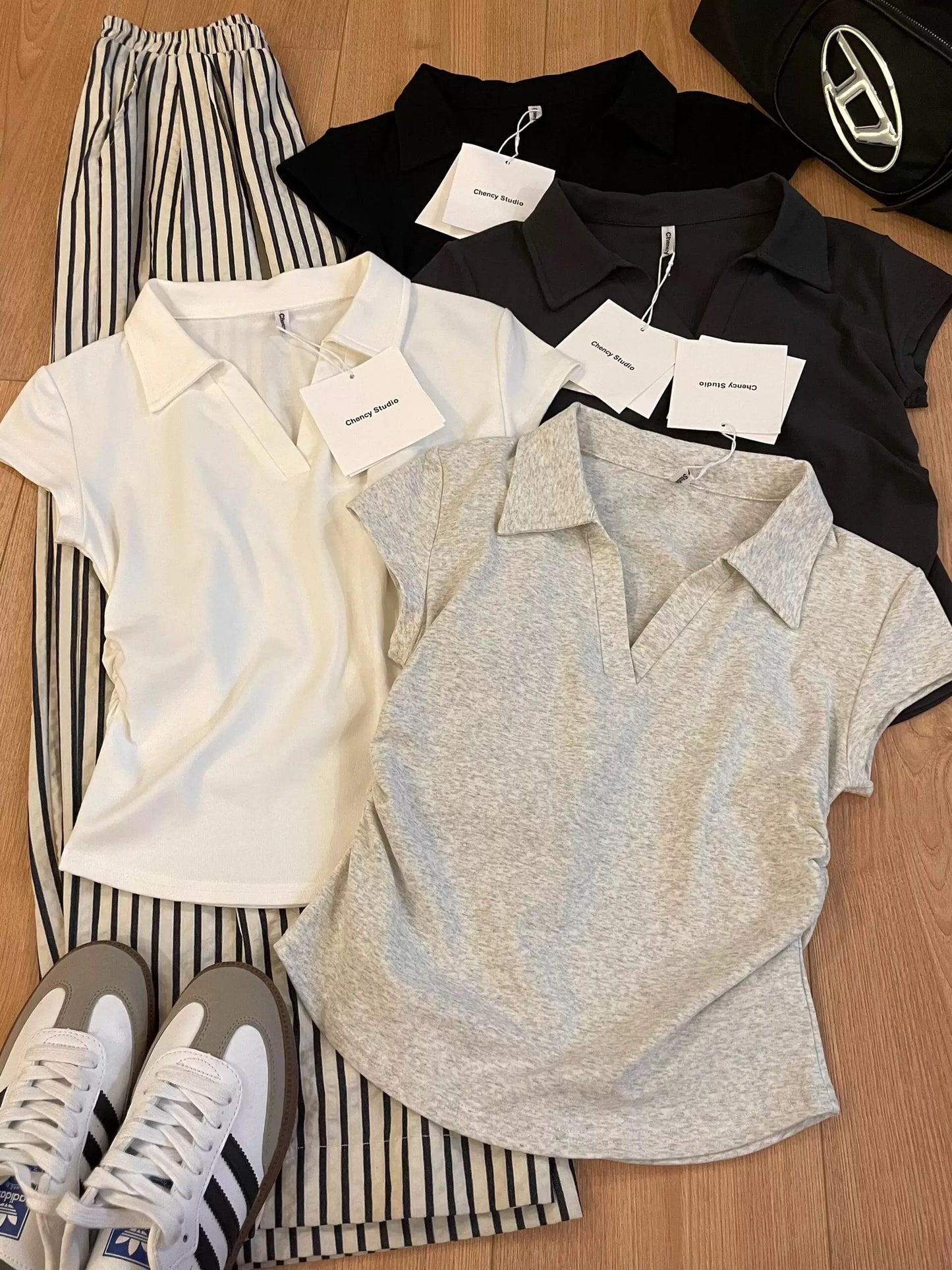 Hangzhou Sijiqing Thirteen Lines High-end Women's Wear Slim Waist Top POLO Shirt Lapel Short Sleeve Shoulder T-Shirt Summer