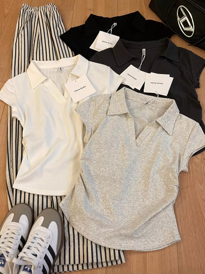 Hangzhou Sijiqing Thirteen Lines High-end Women's Wear Slim Waist Top POLO Shirt Lapel Short Sleeve Shoulder T-Shirt Summer