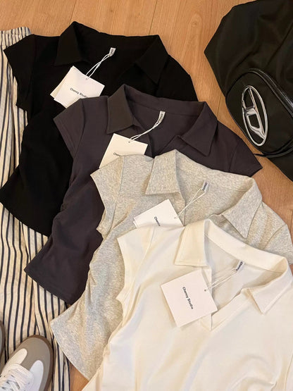 Hangzhou Sijiqing Thirteen Lines High-end Women's Wear Slim Waist Top POLO Shirt Lapel Short Sleeve Shoulder T-Shirt Summer
