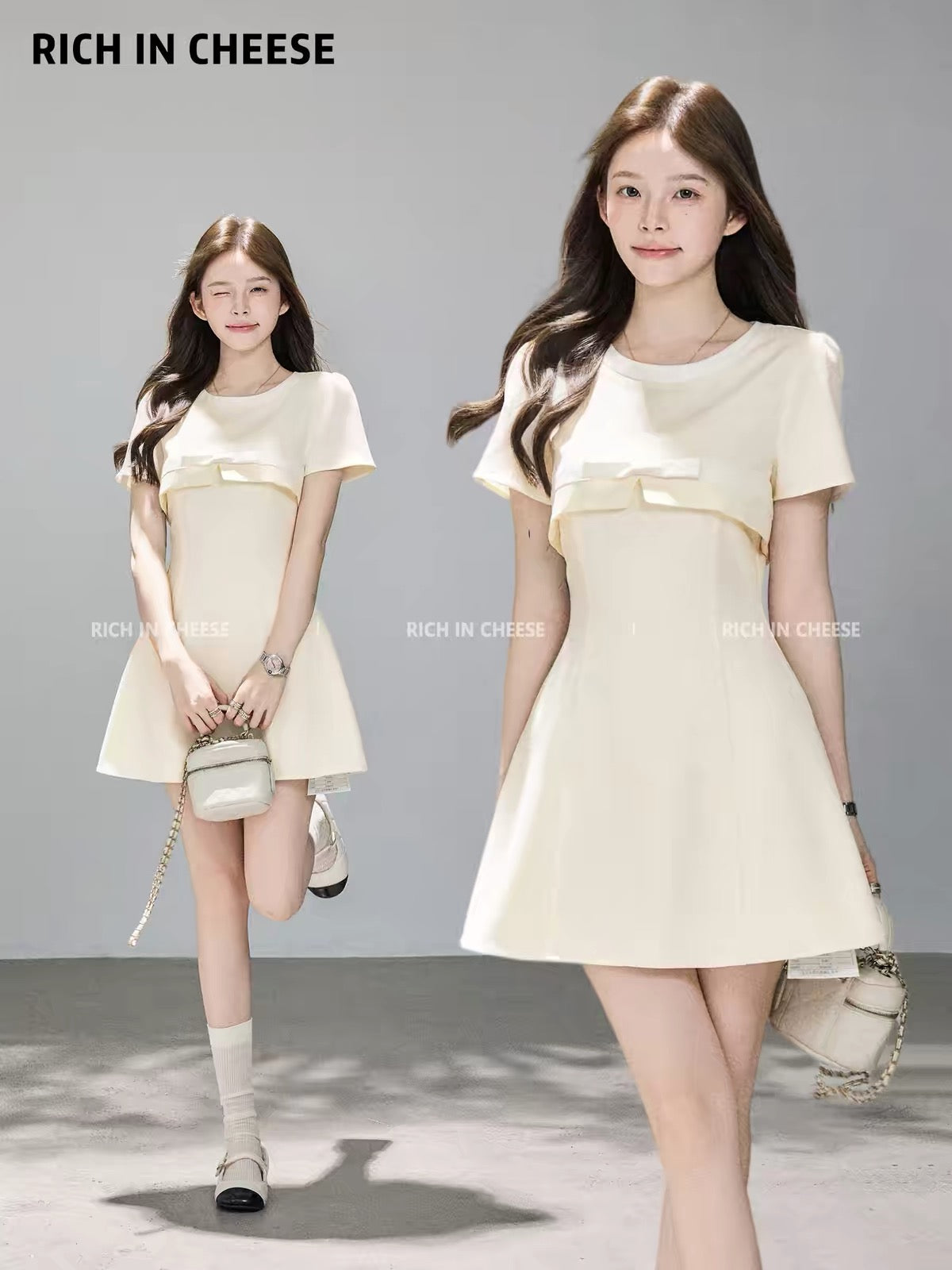 Jinchuanchuan Miss Betty – Korean-style summer "Old Money" aesthetic spliced faux-two-piece short-sleeve waist-cinching dress.