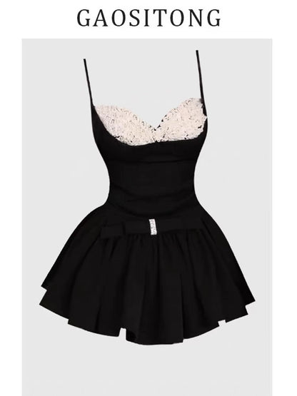 GAOSITONG Ballet Style Color Block Camisole Top Women's Summer 2025 Sweet and Spicy Girl Bow A-line Skirt Set