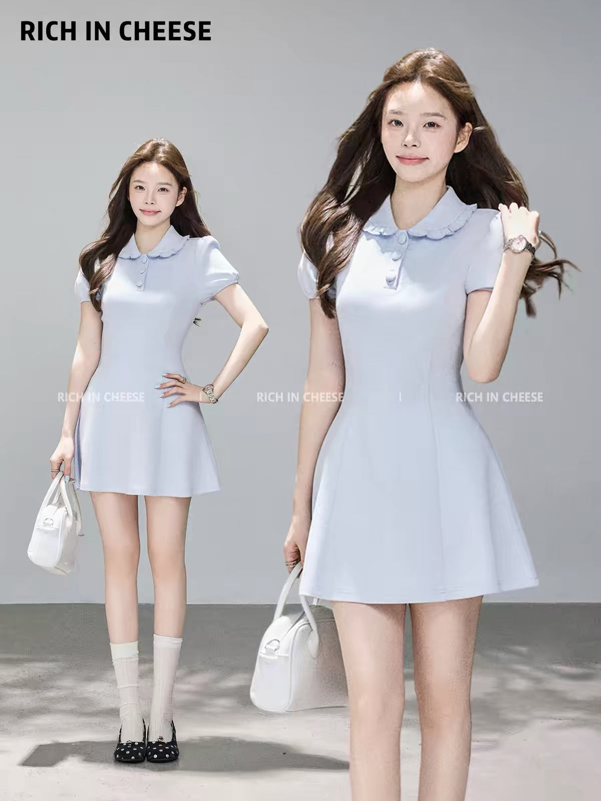 Jinchuanchuan Sea Salt & Mint Summer Cotton A-Line Dress – Minimalist, Slimming, and Elegant with a Wavy Design