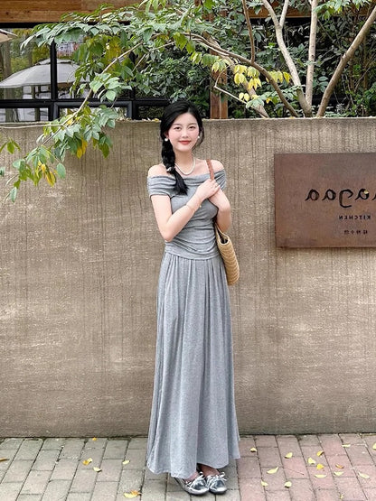 TIDE STUDIOS Korean style gray one-shoulder simple top for women summer slim drape skirt suit