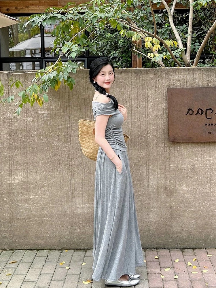 TIDE STUDIOS Korean style gray one-shoulder simple top for women summer slim drape skirt suit