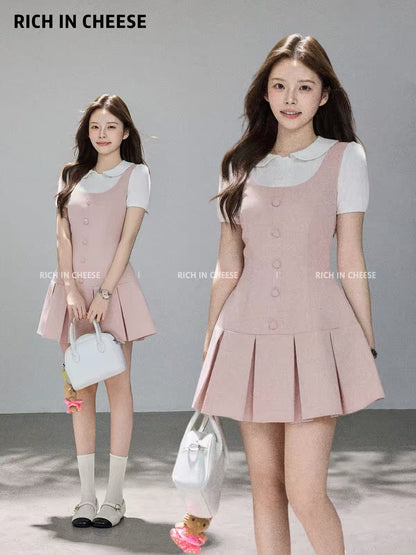 Jinchuanchuan Holiday Collection: A gentle, youthful, and flattering "faux-layered" waist-cinching dress featuring a summery Korean preppy style.