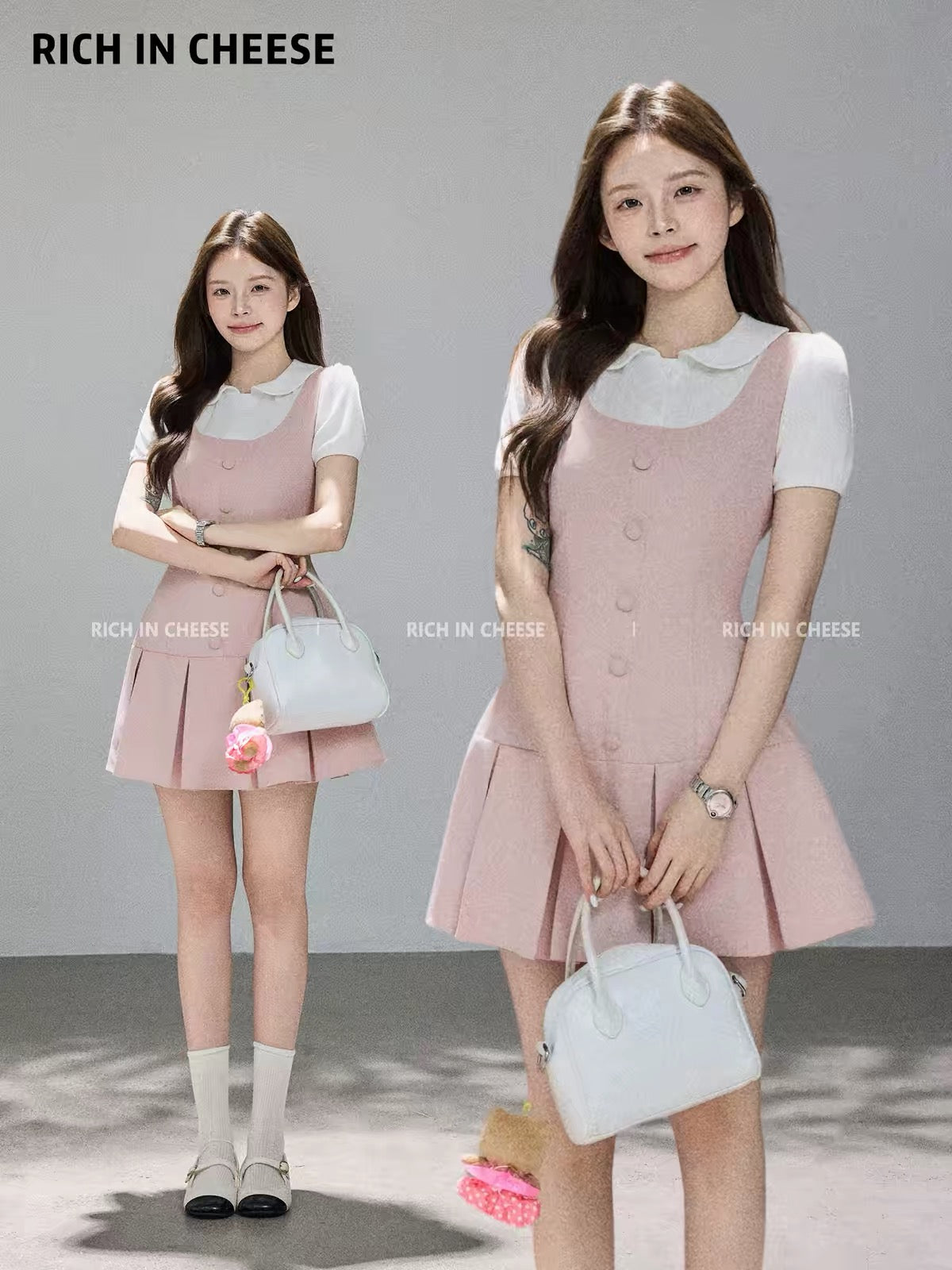 Jinchuanchuan Holiday Collection: A gentle, youthful, and flattering "faux-layered" waist-cinching dress featuring a summery Korean preppy style.