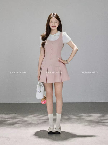 Jinchuanchuan Holiday Collection: A gentle, youthful, and flattering "faux-layered" waist-cinching dress featuring a summery Korean preppy style.
