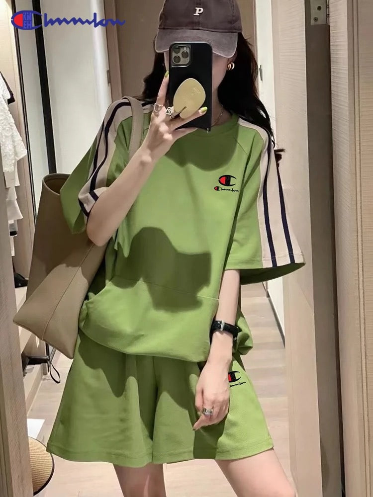 Campus Champion Sportswear Suit Women's 2024 New Summer Casual Small Loose Short-Sleeved Shorts Two-piece Set