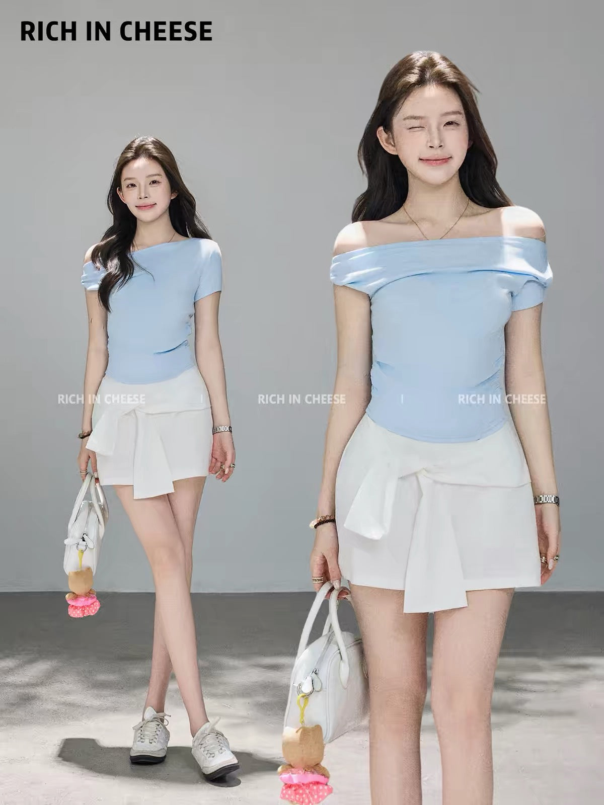 Jinchuanchuan "Light Oxygen Melody" Women's Summer Set: Blue One-Shoulder Slim-Fit Short-Sleeve T-Shirt & A-Line Mini Skirt