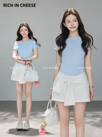 Jinchuanchuan "Light Oxygen Melody" Women's Summer Set: Blue One-Shoulder Slim-Fit Short-Sleeve T-Shirt & A-Line Mini Skirt