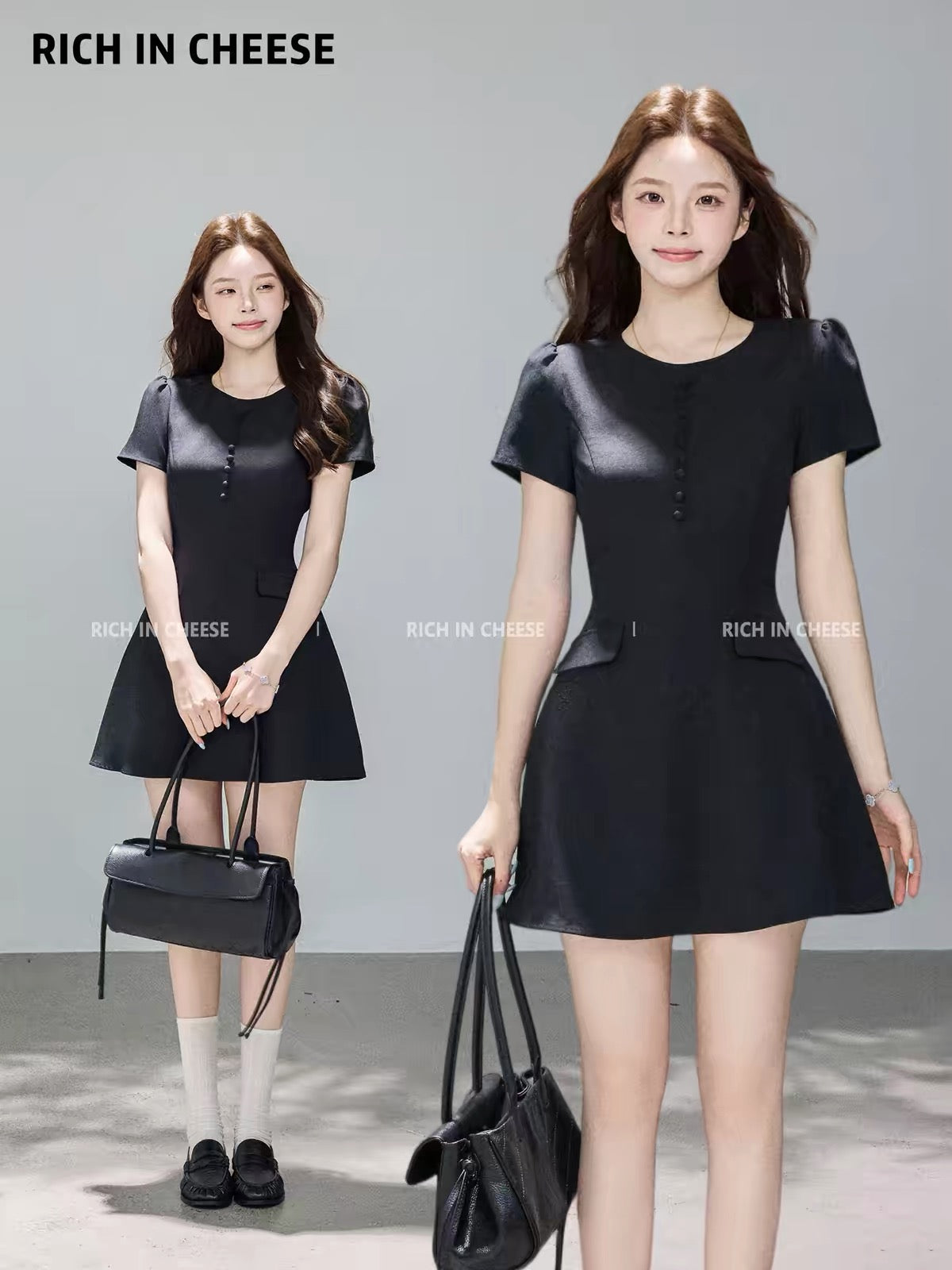 Jinchuanchuan Hepburn-style poster look: an elegant, sophisticated black summer dress featuring a multi-button design, a waist-cinching cut, and a slimming silhouette—perfect for work or formal occasions.