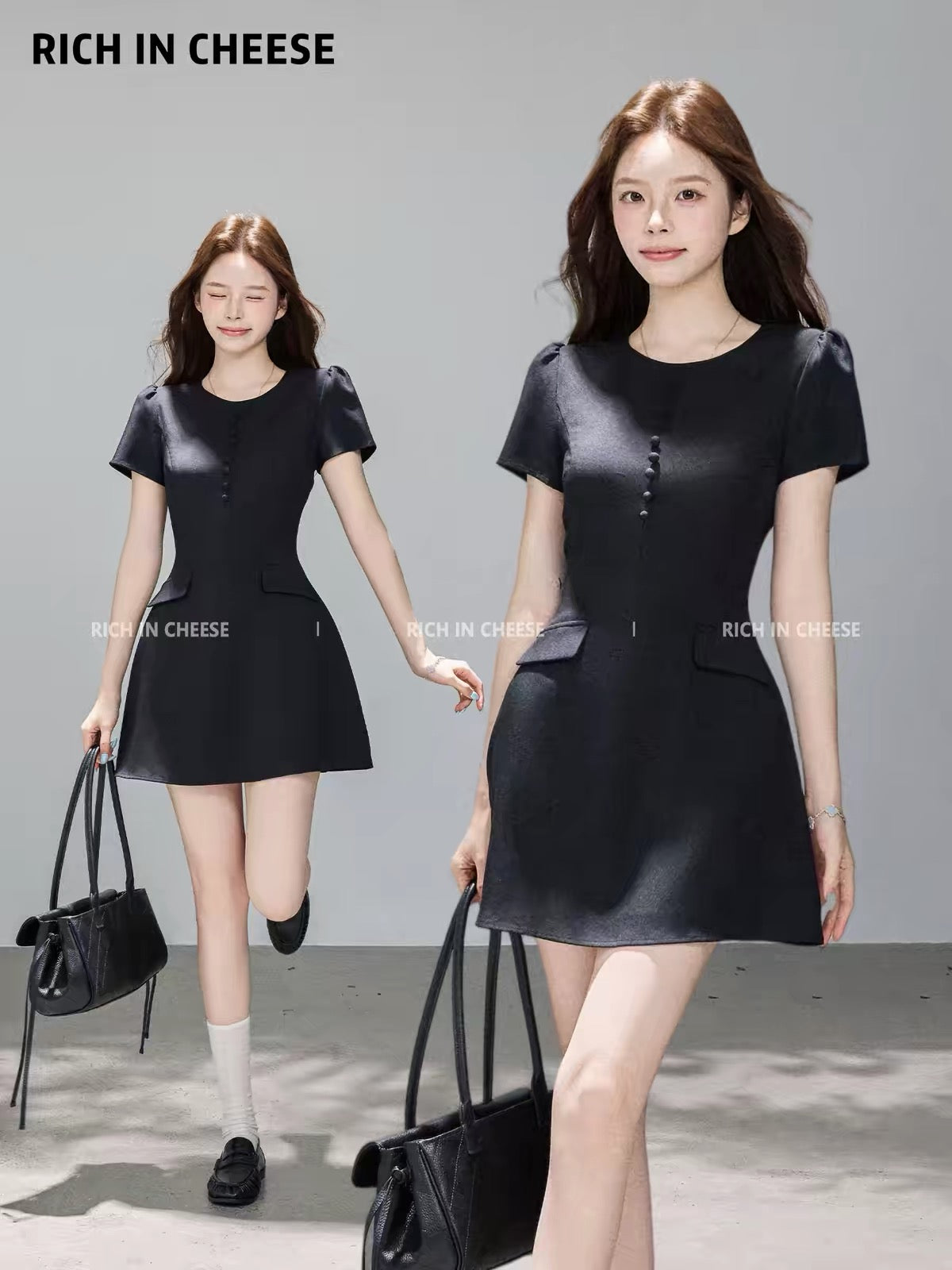Jinchuanchuan Hepburn-style poster look: an elegant, sophisticated black summer dress featuring a multi-button design, a waist-cinching cut, and a slimming silhouette—perfect for work or formal occasions.