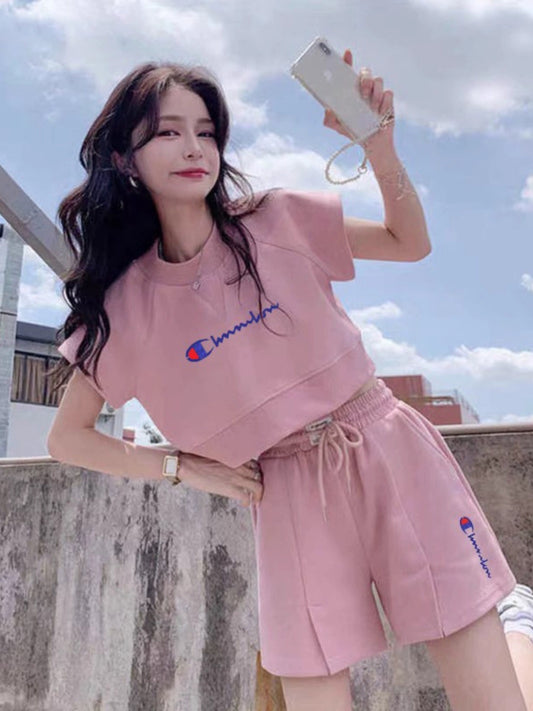 Campus champion casual sports suit for women 2023 new summer short-sleeved shorts fashionable two-piece set