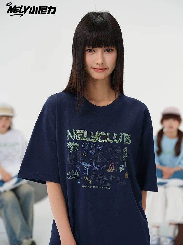 NELY Little Nelly Cartoon Graffiti Cotton Short-sleeved T-shirt Men and Women 2025 Summer New Fashion Brand Inner Half-sleeved Top