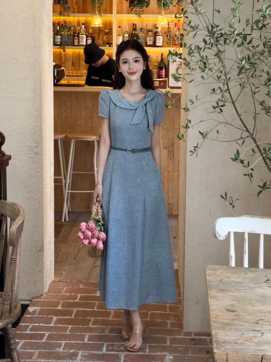 LILI Li Lijia [Princess Diaries] French-style elegant long dress with bow neckline and waist