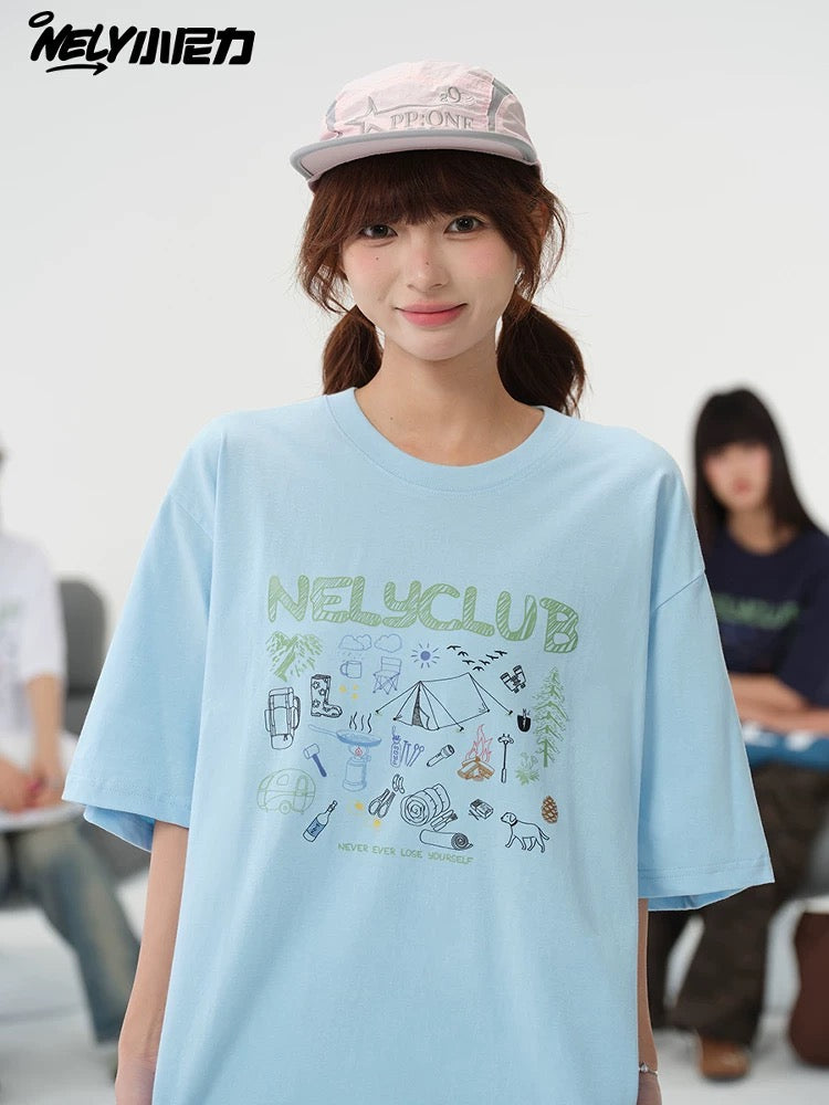 NELY Little Nelly Cartoon Graffiti Cotton Short-sleeved T-shirt Men and Women 2025 Summer New Fashion Brand Inner Half-sleeved Top