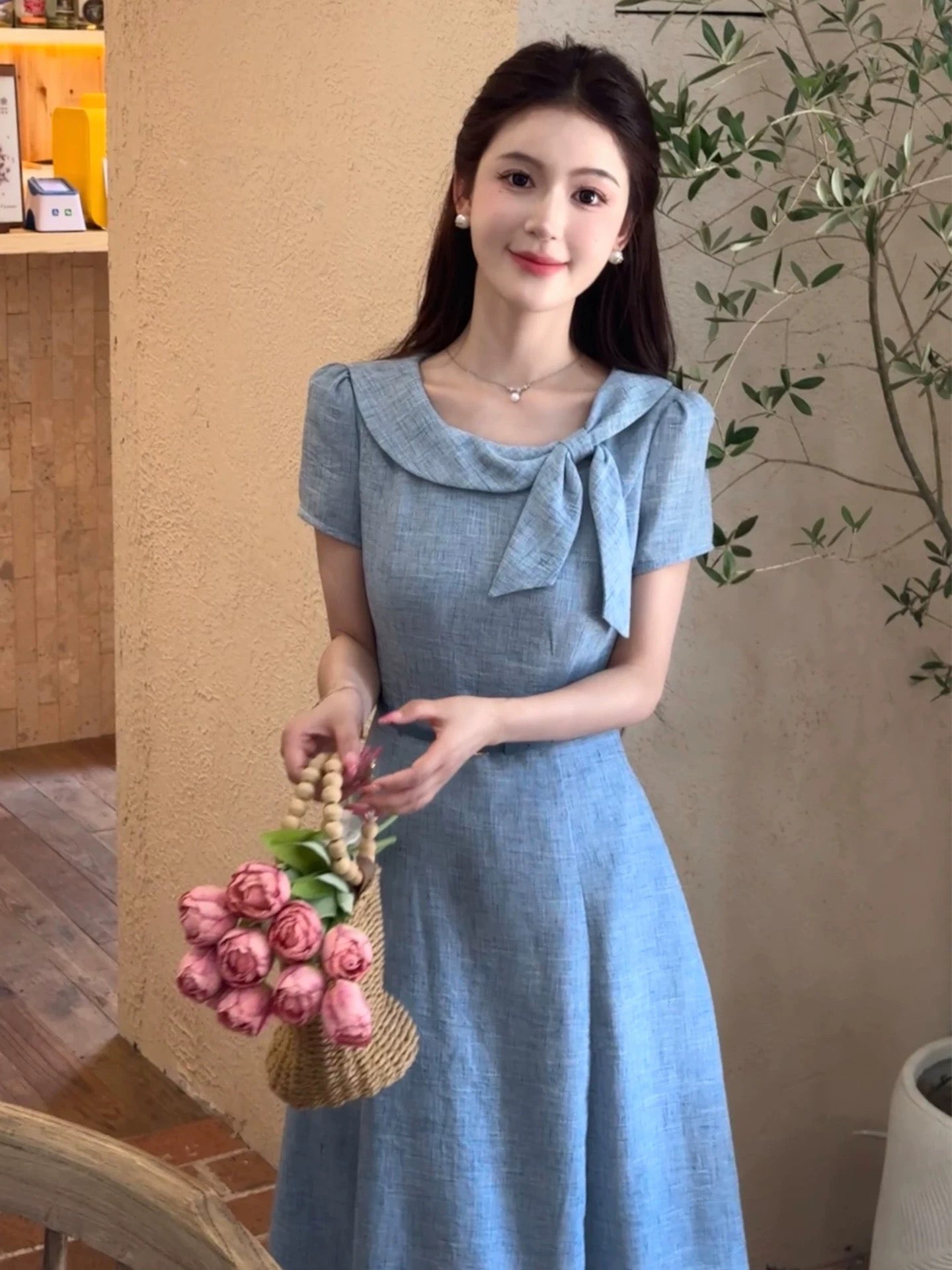 LILI Li Lijia [Princess Diaries] French-style elegant long dress with bow neckline and waist