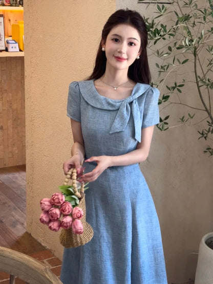 LILI Li Lijia [Princess Diaries] French-style elegant long dress with bow neckline and waist