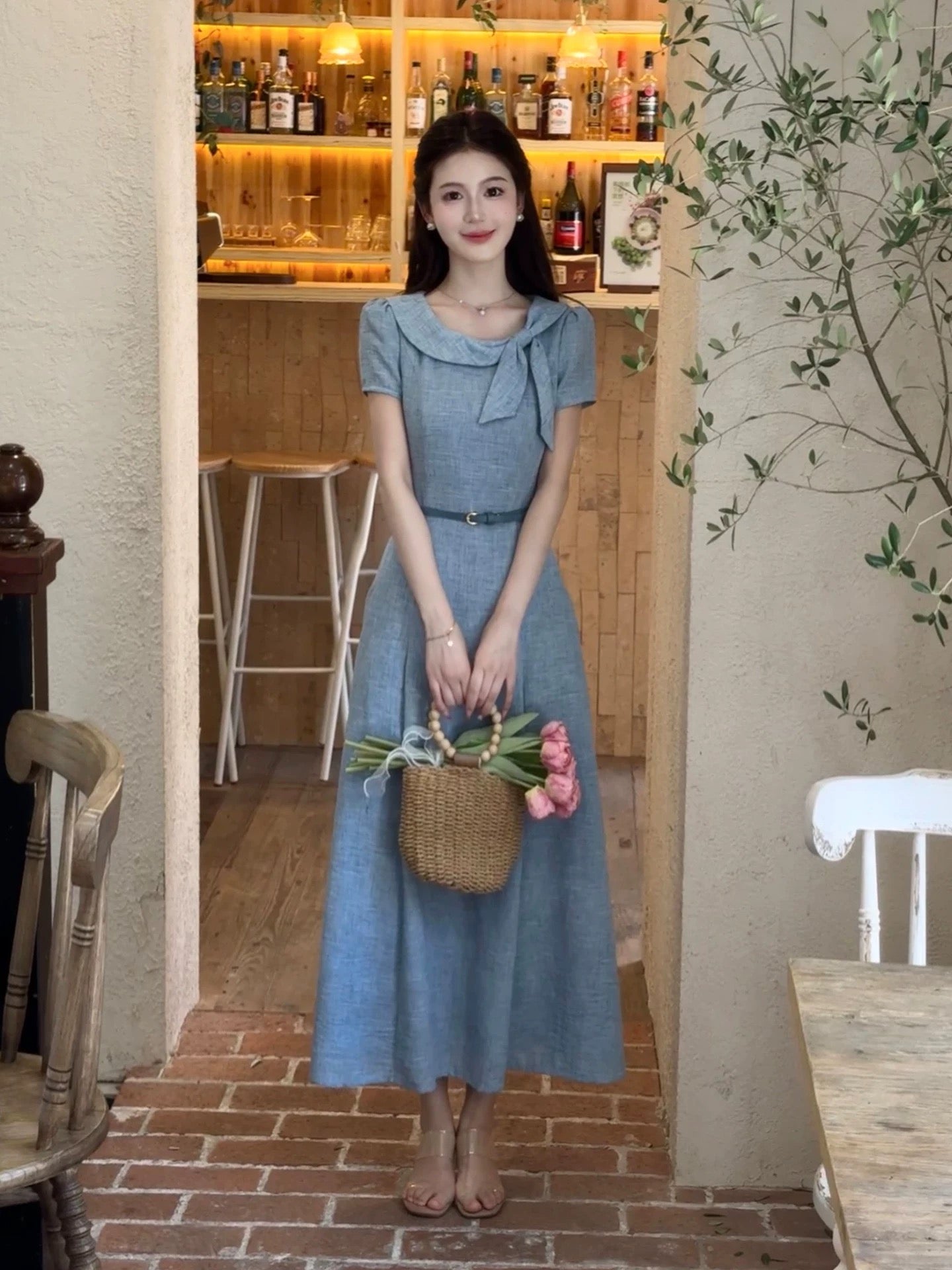 LILI Li Lijia [Princess Diaries] French-style elegant long dress with bow neckline and waist