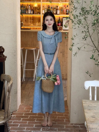 LILI Li Lijia [Princess Diaries] French-style elegant long dress with bow neckline and waist