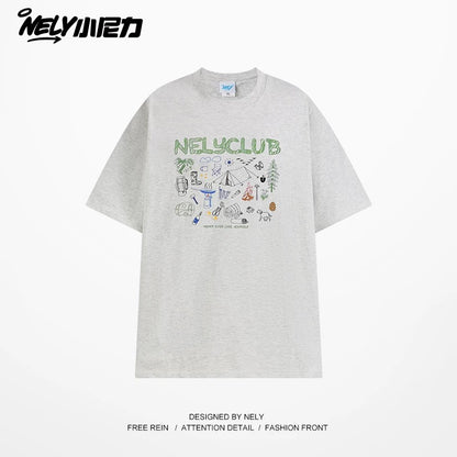 NELY Little Nelly Cartoon Graffiti Cotton Short-sleeved T-shirt Men and Women 2025 Summer New Fashion Brand Inner Half-sleeved Top