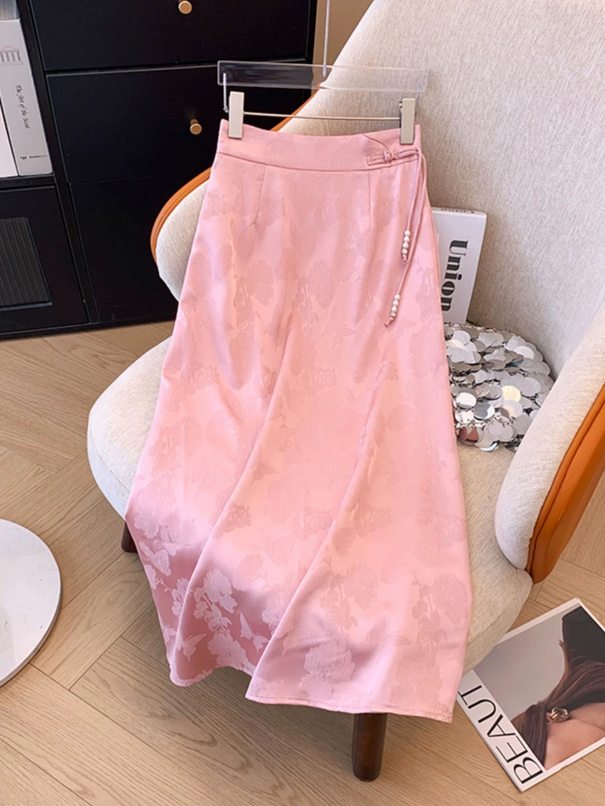New Chinese style pink acetate skirt for women summer national style jacquard satin temperament slim high waist hip mid-length skirt