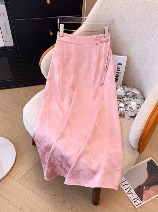 New Chinese style pink acetate skirt for women summer national style jacquard satin temperament slim high waist hip mid-length skirt